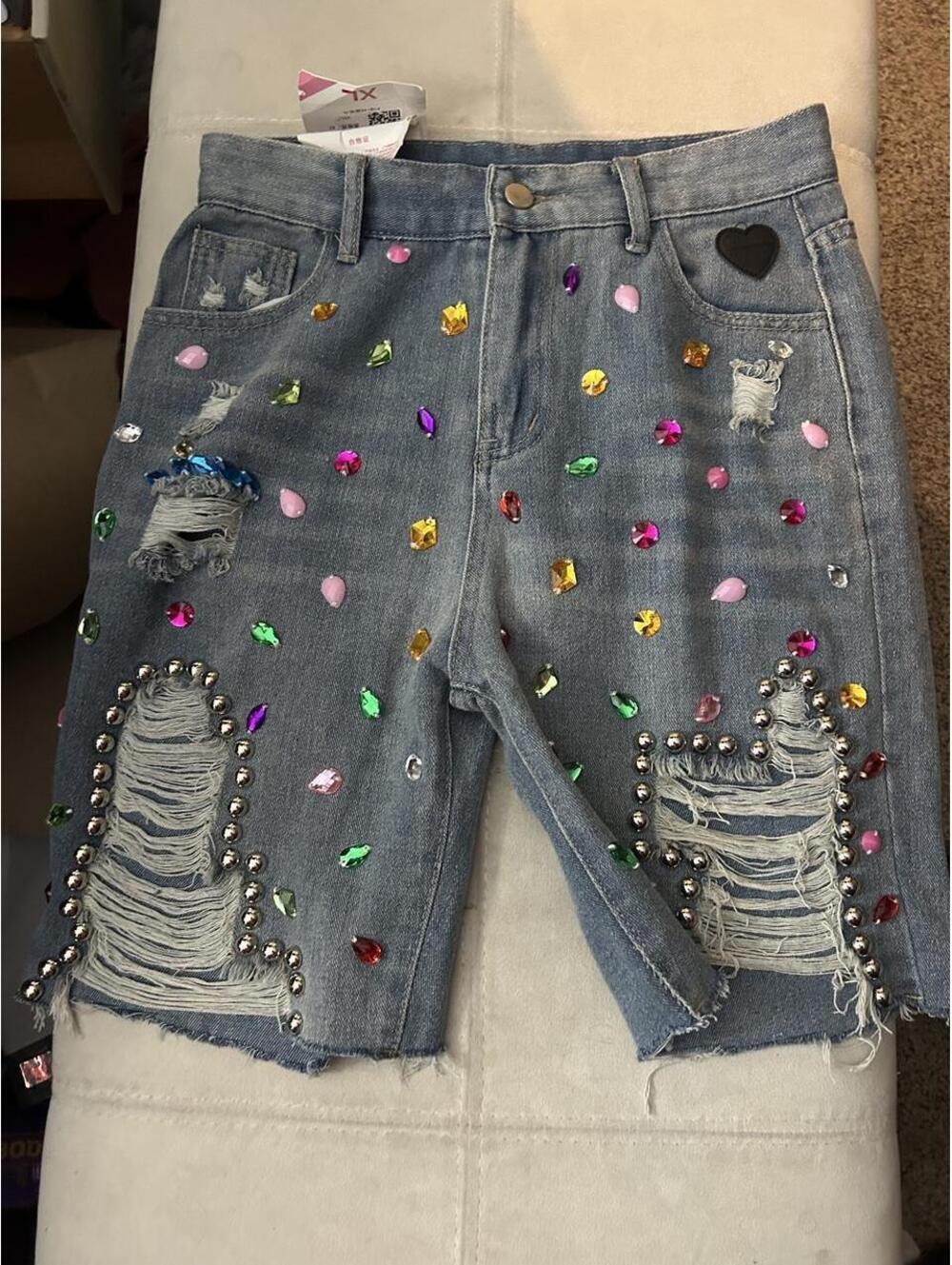 NWT Blue denim shorts with colorful gemstones and silver studs, size M